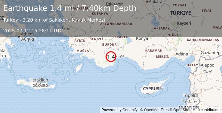 Earthquake WESTERN TURKEY (1.4 ml) (2025-07-12 15:28:11 UTC)