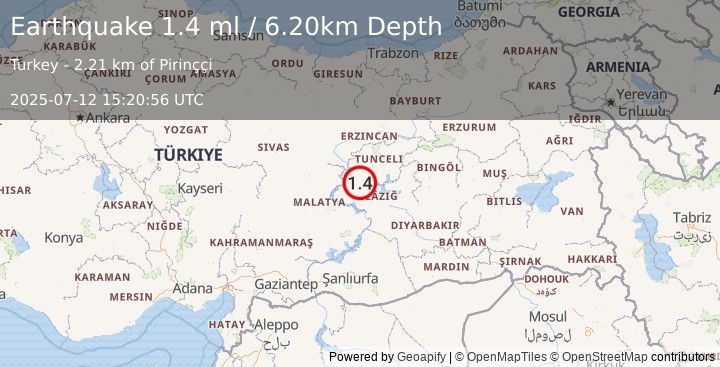Earthquake EASTERN TURKEY (1.4 ml) (2025-07-12 15:20:56 UTC)