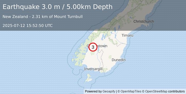 Earthquake SOUTH ISLAND OF NEW ZEALAND (3.0 m) (2025-07-12 15:52:50 UTC)