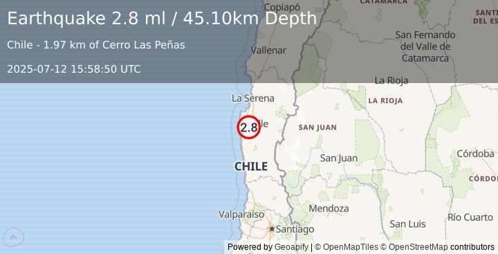 Earthquake COQUIMBO, CHILE (2.8 ml) (2025-07-12 15:58:50 UTC)