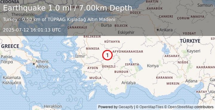 Earthquake WESTERN TURKEY (1.0 ml) (2025-07-12 16:01:13 UTC)