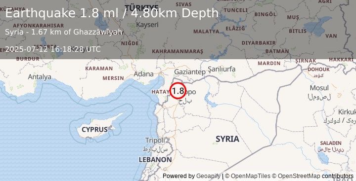 Earthquake TURKEY-SYRIA BORDER REGION (1.8 ml) (2025-07-12 16:18:28 UTC)