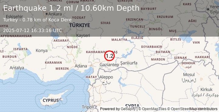 Earthquake CENTRAL TURKEY (1.2 ml) (2025-07-12 16:33:16 UTC)