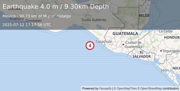 Earthquake OFFSHORE CHIAPAS, MEXICO (4.0 m) (2025-07-12 17:17:56 UTC)