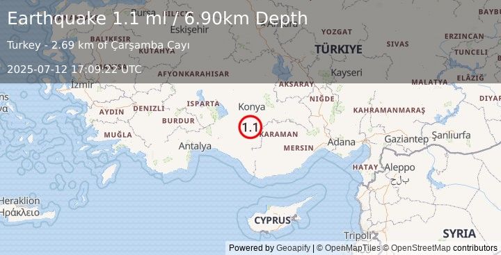 Earthquake CENTRAL TURKEY (1.1 ml) (2025-07-12 17:09:22 UTC)