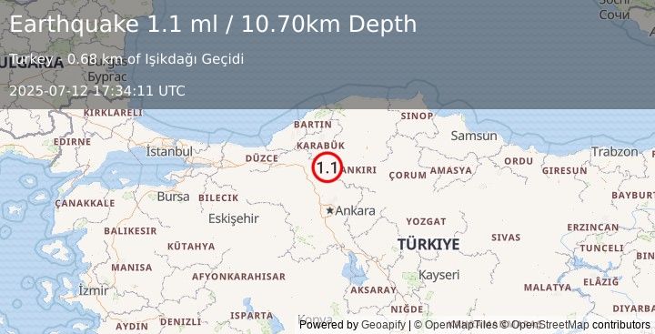 Earthquake CENTRAL TURKEY (1.1 ml) (2025-07-12 17:34:11 UTC)