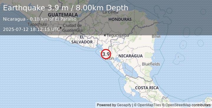 Earthquake NEAR COAST OF NICARAGUA (3.9 m) (2025-07-12 18:12:15 UTC)