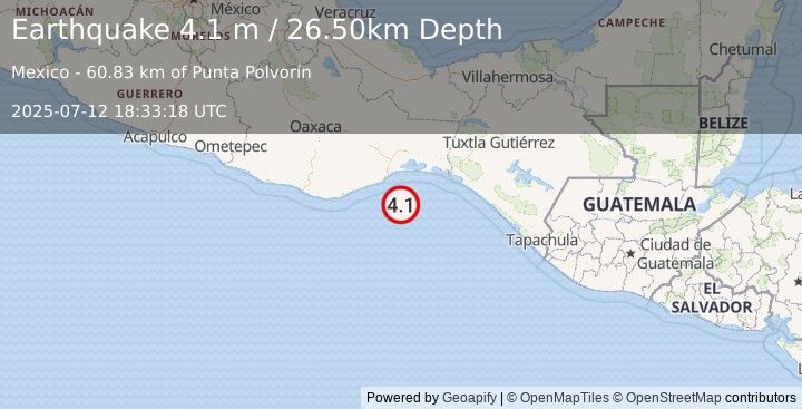 Earthquake OFFSHORE OAXACA, MEXICO (4.1 m) (2025-07-12 18:33:18 UTC)