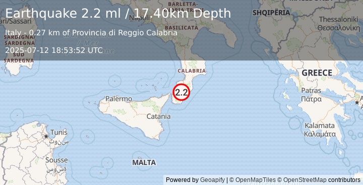 Earthquake SOUTHERN ITALY (2.2 ml) (2025-07-12 18:53:52 UTC)