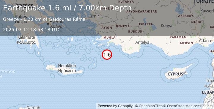 Earthquake DODECANESE IS.-TURKEY BORDER REG (1.6 ml) (2025-07-12 18:58:18 UTC)