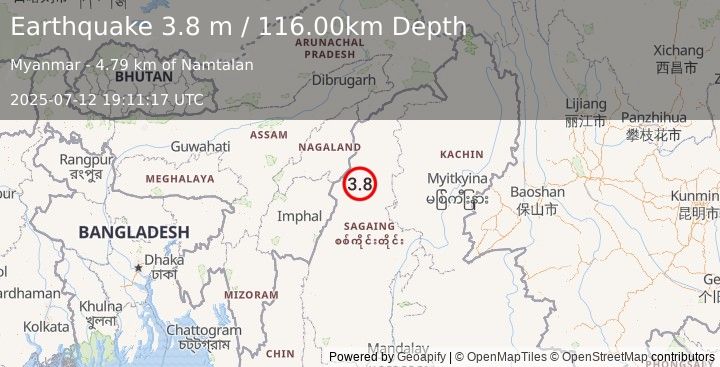 Earthquake MYANMAR (3.8 m) (2025-07-12 19:11:17 UTC)
