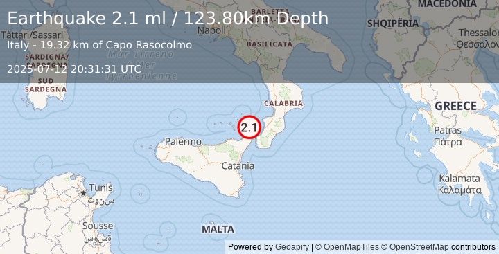 Earthquake SICILY, ITALY (2.1 ml) (2025-07-12 20:31:31 UTC)