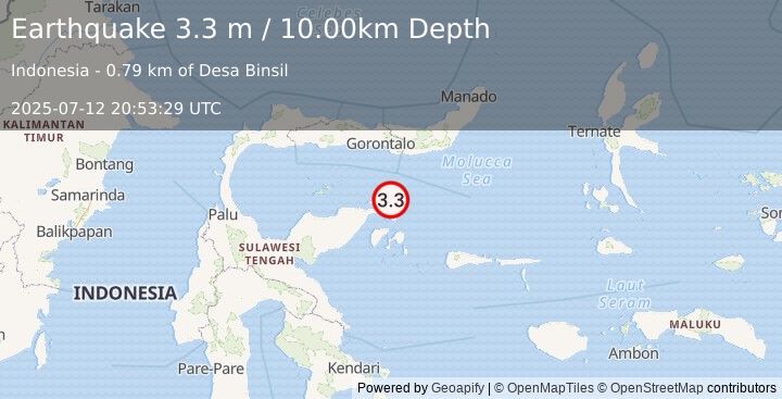 Earthquake SULAWESI, INDONESIA (3.3 m) (2025-07-12 20:53:29 UTC)