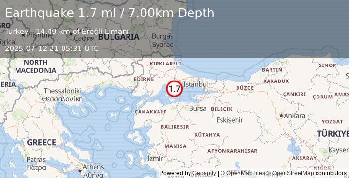 Earthquake WESTERN TURKEY (1.7 ml) (2025-07-12 21:05:31 UTC)