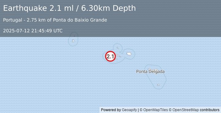 Earthquake AZORES ISLANDS, PORTUGAL (2.1 ml) (2025-07-12 21:45:49 UTC)