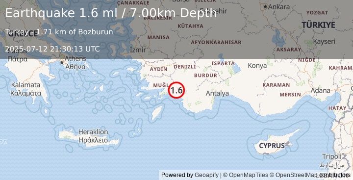 Earthquake DODECANESE IS.-TURKEY BORDER REG (1.6 ml) (2025-07-12 21:30:13 UTC)