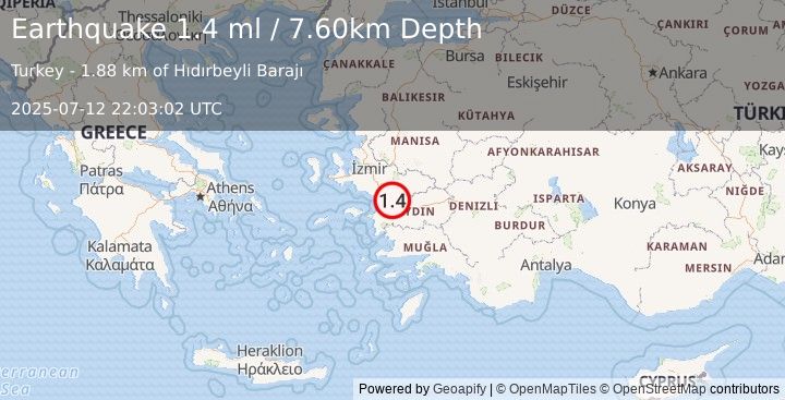 Earthquake WESTERN TURKEY (1.4 ml) (2025-07-12 22:03:02 UTC)