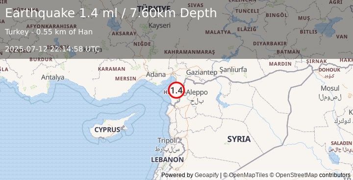 Earthquake TURKEY-SYRIA BORDER REGION (1.4 ml) (2025-07-12 22:14:58 UTC)