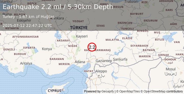 Earthquake CENTRAL TURKEY (2.2 ml) (2025-07-12 22:47:22 UTC)