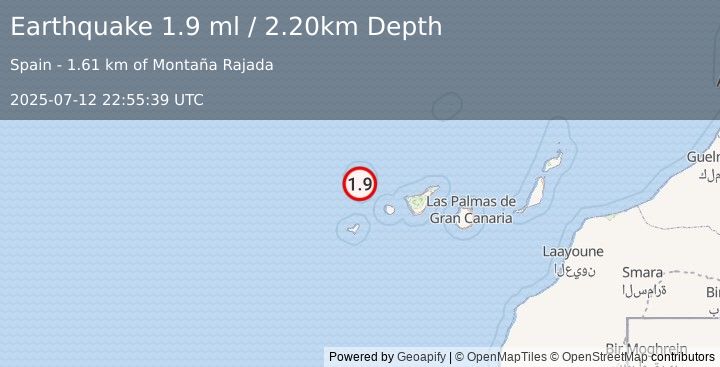 Earthquake CANARY ISLANDS, SPAIN REGION (1.9 ml) (2025-07-12 22:55:39 UTC)