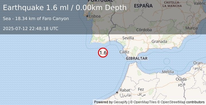 Earthquake STRAIT OF GIBRALTAR (1.6 ml) (2025-07-12 22:48:18 UTC)