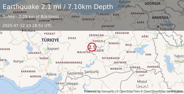 Earthquake EASTERN TURKEY (2.1 ml) (2025-07-12 23:28:51 UTC)