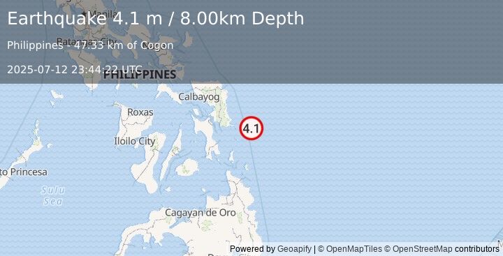 Earthquake PHILIPPINE ISLANDS REGION (4.1 m) (2025-07-12 23:44:22 UTC)