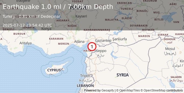 Earthquake TURKEY-SYRIA BORDER REGION (1.0 ml) (2025-07-12 23:54:42 UTC)