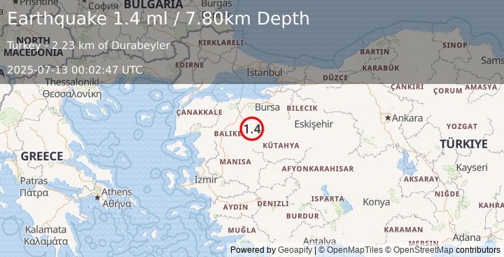 Earthquake WESTERN TURKEY (1.4 ml) (2025-07-13 00:02:47 UTC)