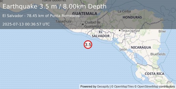 Earthquake OFFSHORE EL SALVADOR (3.5 m) (2025-07-13 00:36:57 UTC)