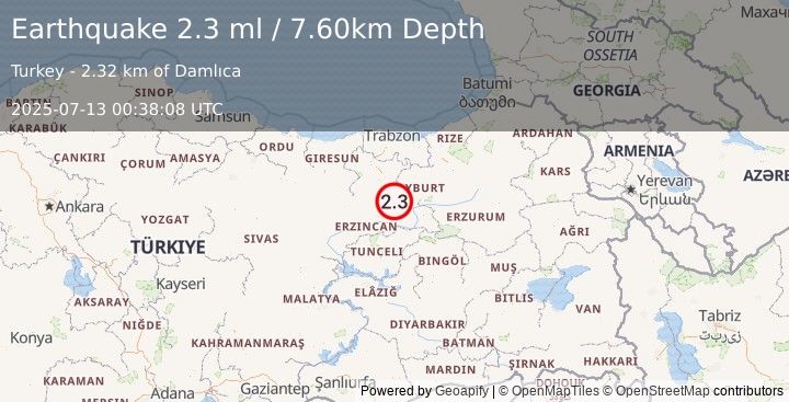Earthquake EASTERN TURKEY (2.3 ml) (2025-07-13 00:38:08 UTC)