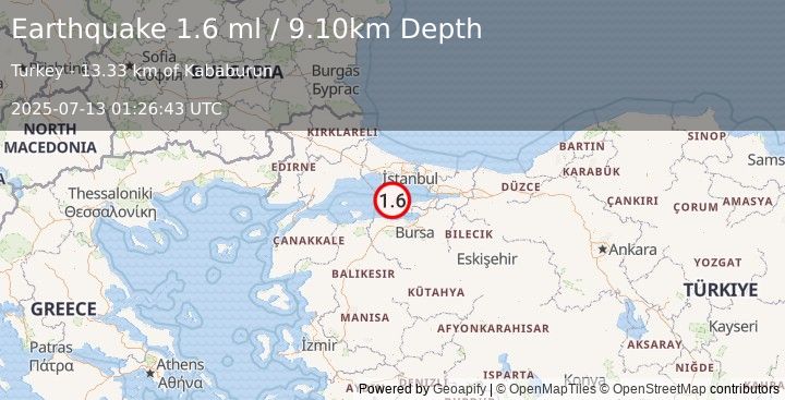 Earthquake WESTERN TURKEY (1.6 ml) (2025-07-13 01:26:43 UTC)
