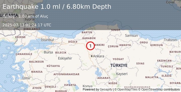 Earthquake CENTRAL TURKEY (1.0 ml) (2025-07-13 01:24:17 UTC)