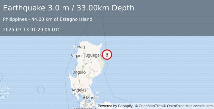 Earthquake LUZON, PHILIPPINES (3.0 m) (2025-07-13 01:29:06 UTC)