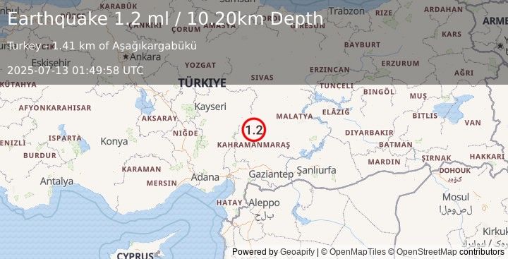 Earthquake CENTRAL TURKEY (1.2 ml) (2025-07-13 01:49:58 UTC)