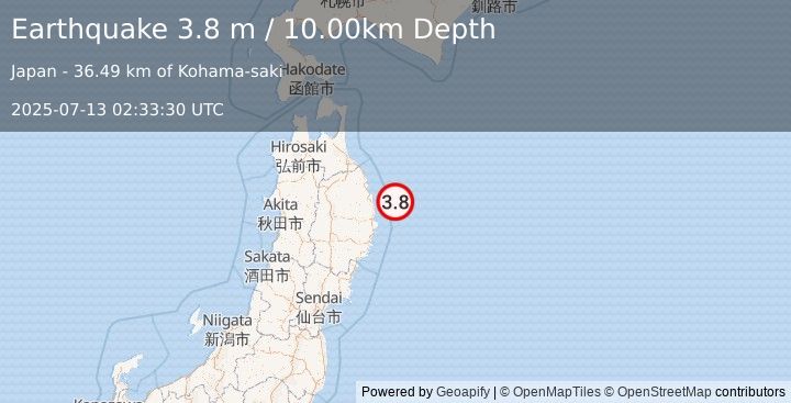 Earthquake NEAR EAST COAST OF HONSHU, JAPAN (3.8 m) (2025-07-13 02:33:30 UTC)