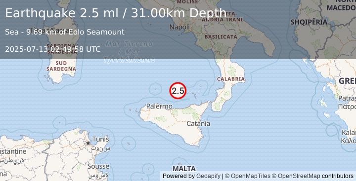 Earthquake SICILY, ITALY (2.5 ml) (2025-07-13 02:49:58 UTC)