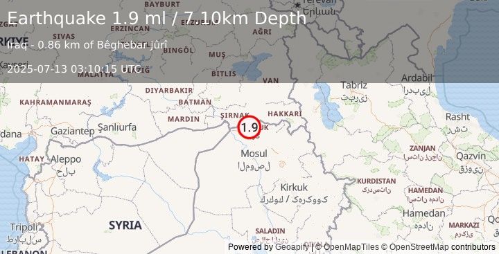 Earthquake TURKEY-SYRIA-IRAQ BORDER REGION (1.9 ml) (2025-07-13 03:10:15 UTC)