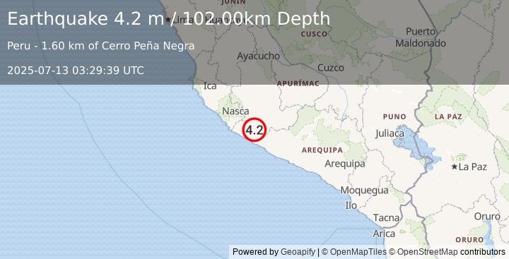 Earthquake NEAR COAST OF SOUTHERN PERU (4.2 m) (2025-07-13 03:29:39 UTC)