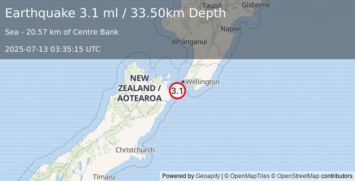 Earthquake COOK STRAIT, NEW ZEALAND (3.1 ml) (2025-07-13 03:35:15 UTC)