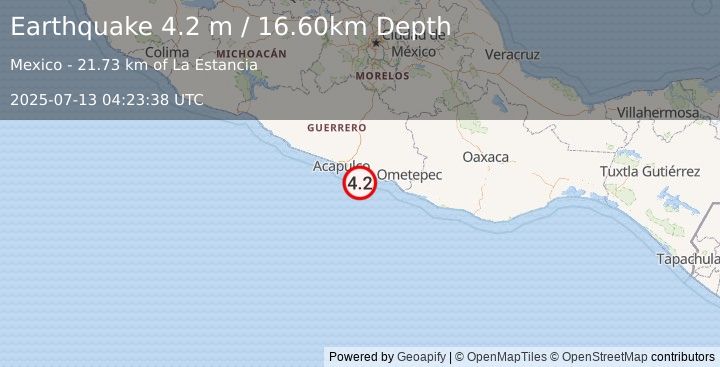 Earthquake OFFSHORE GUERRERO, MEXICO (4.2 m) (2025-07-13 04:23:38 UTC)