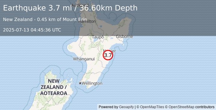 Earthquake NORTH ISLAND OF NEW ZEALAND (3.7 ml) (2025-07-13 04:45:36 UTC)