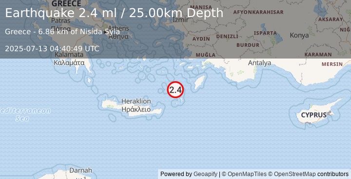 Earthquake CRETE, GREECE (2.4 ml) (2025-07-13 04:40:49 UTC)