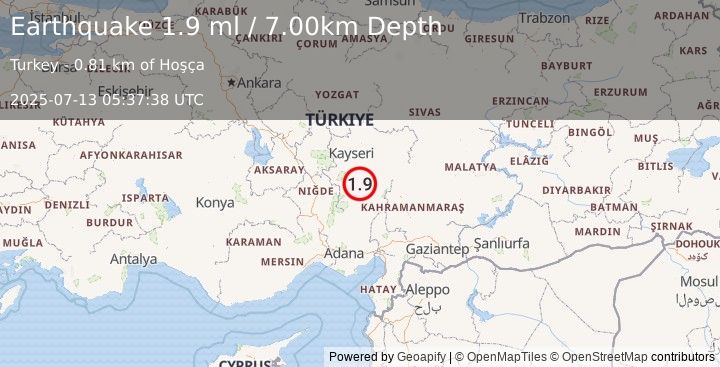 Earthquake CENTRAL TURKEY (1.9 ml) (2025-07-13 05:37:38 UTC)