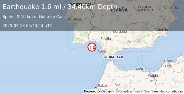 Earthquake STRAIT OF GIBRALTAR (1.6 ml) (2025-07-13 05:43:53 UTC)