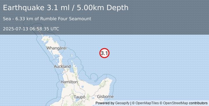 Earthquake OFF E. COAST OF N. ISLAND, N.Z. (3.1 ml) (2025-07-13 06:58:35 UTC)