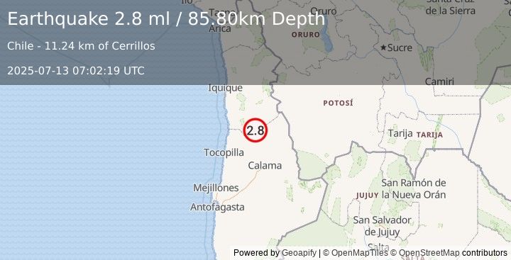 Earthquake ANTOFAGASTA, CHILE (2.8 ml) (2025-07-13 07:02:19 UTC)