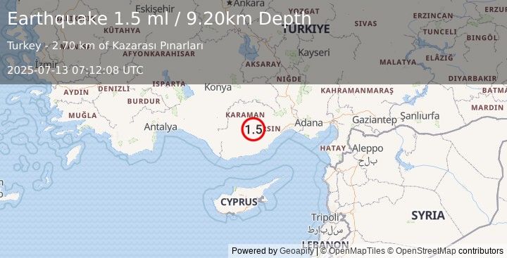 Earthquake CENTRAL TURKEY (1.5 ml) (2025-07-13 07:12:08 UTC)
