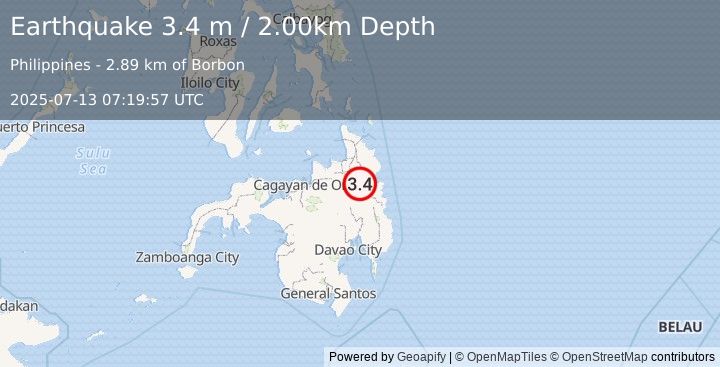 Earthquake MINDANAO, PHILIPPINES (3.4 m) (2025-07-13 07:19:57 UTC)
