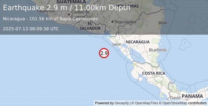 Earthquake NEAR COAST OF NICARAGUA (2.9 m) (2025-07-13 08:09:38 UTC)